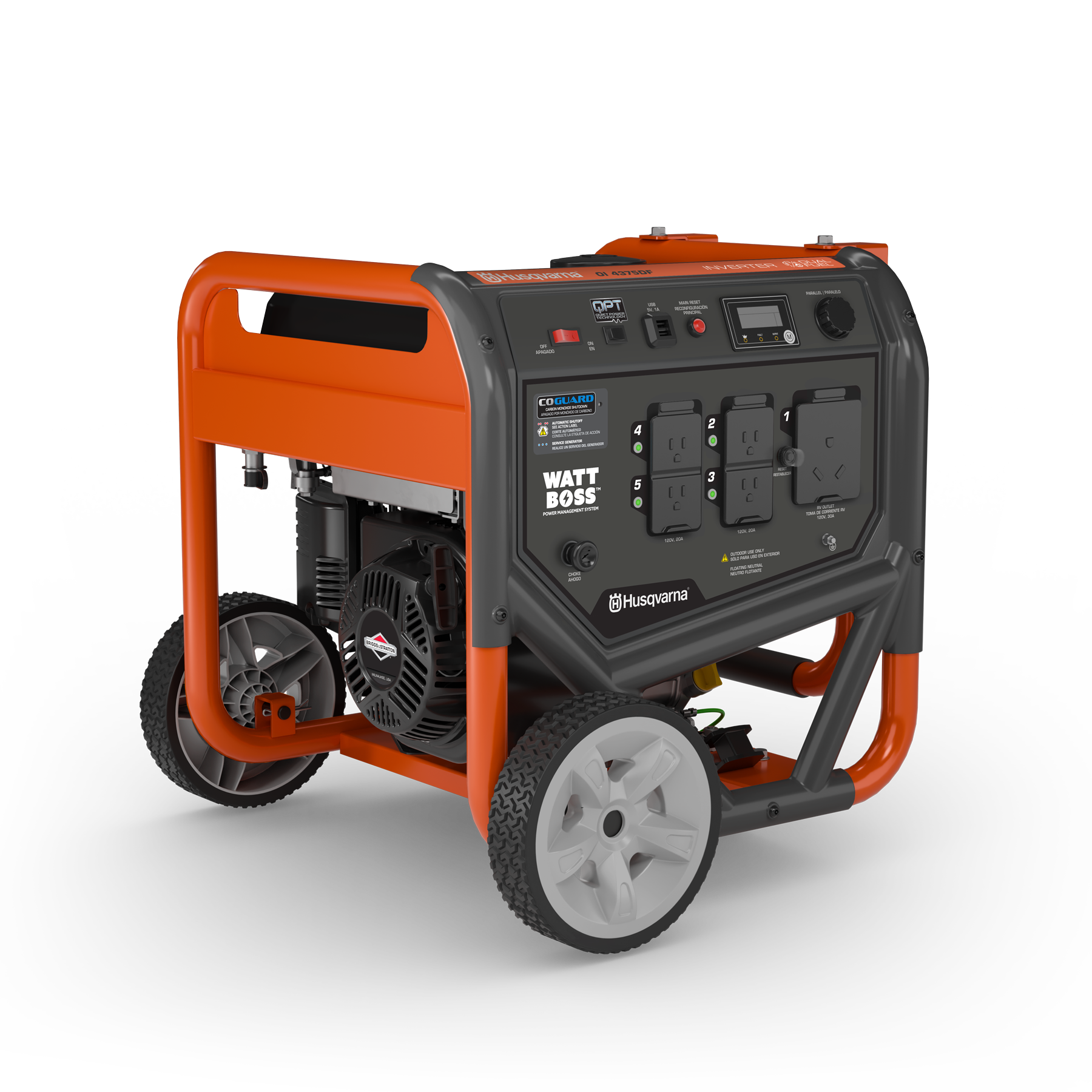 033038 Husqvarna portable generator front angle view